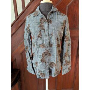 Vans Womens Floral Button-Up Shirt Gray With Brown Roses Size M  Long Sleeve